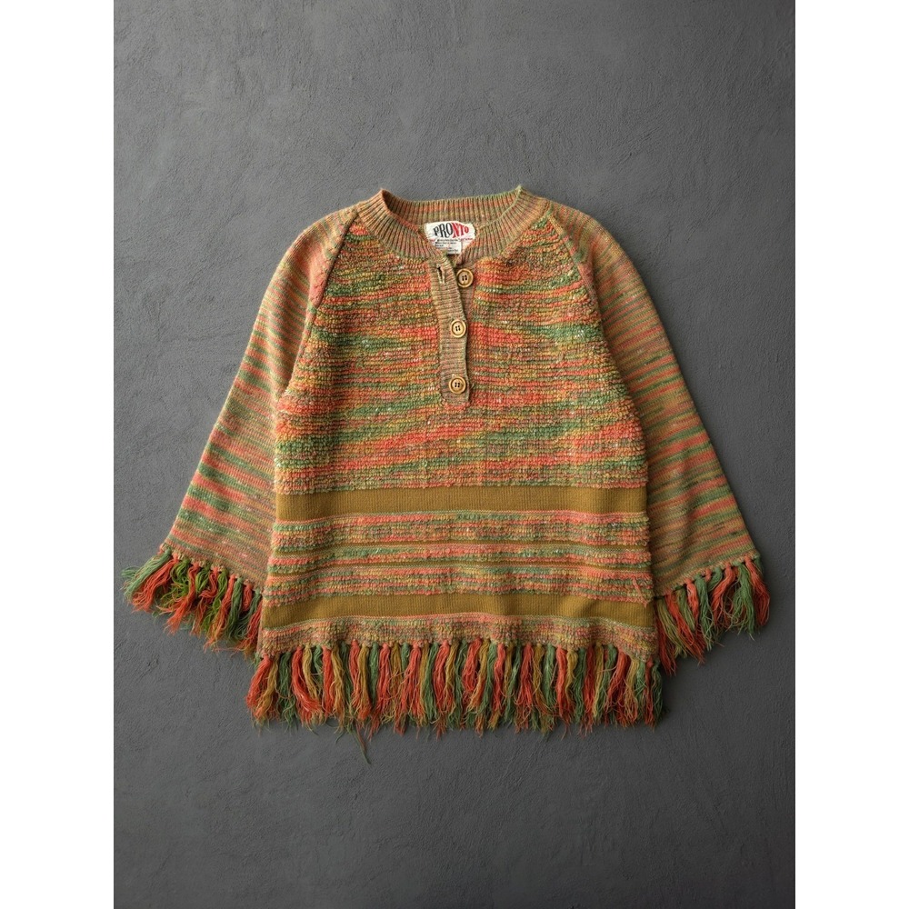 Vintage 60s Pronto Striped Acrylic Henley Fringed Pullover Top Hippie Women's S
